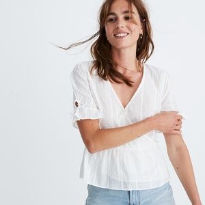 Madewell Tie-Sleeve Wrap Top in Swiss Dot in White